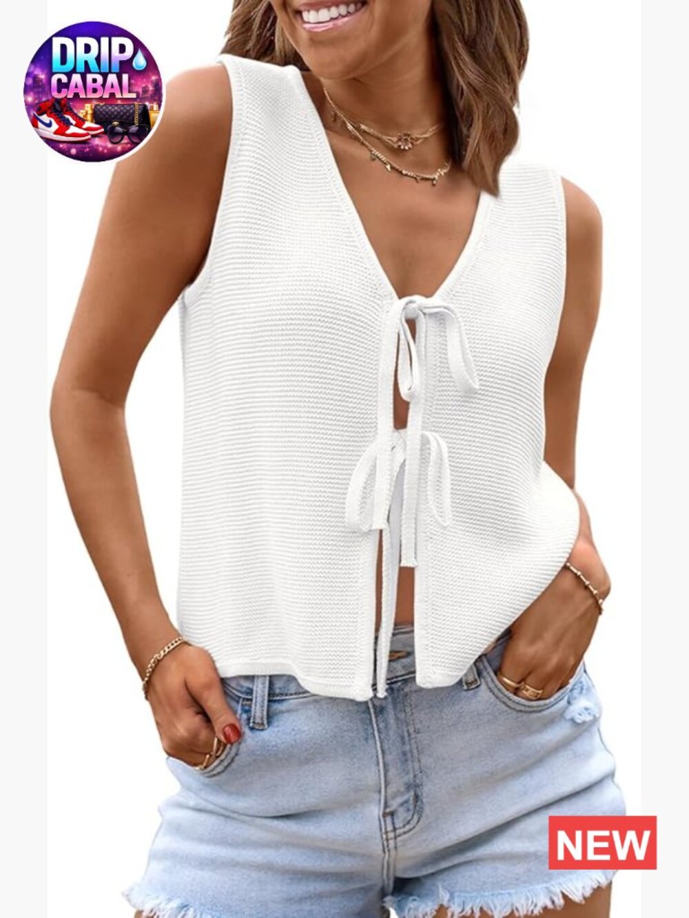 Crochet Tie Front Tank Top, Acrylic Cotton Blend, Sleeveless V-Neck